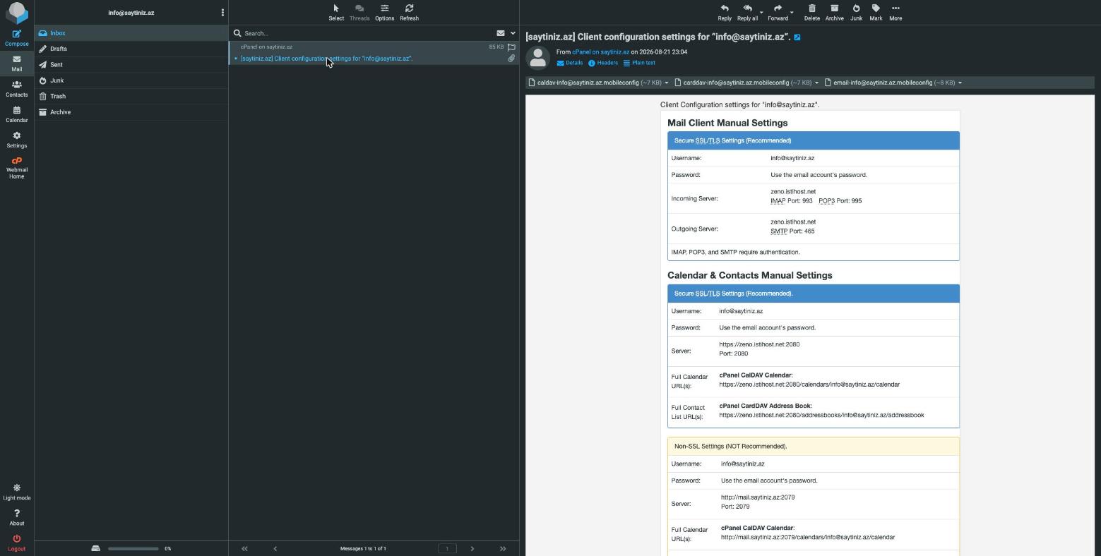 cPanel-in avtomatik göndərdiyi server tənzimləmələri məktubu