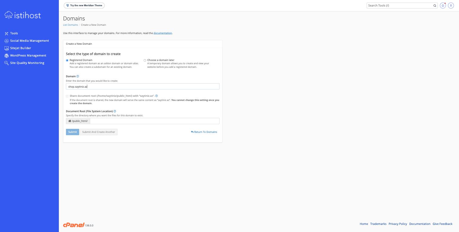 Doldurulmuş subdomain yaratma formu